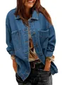 Close-up of oversized boyfriend-style denim jacket with button detailing and layered look - S / Tops / Sapphire Blue