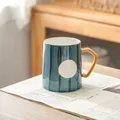 Minimalist Japanese style ceramic mug featuring hand-painted teal stripes and yellow handle - Dark Green Stripes (Single Cup) / Single Cup