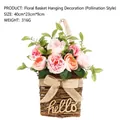 Artificial rose flower basket wall hanging decor with burlap ribbon and wooden hello sign - 40x23x9cm / Pink