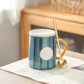 Minimalist hand-painted blue striped ceramic mug with orange handle and gold spoon - Dark Green Stripes (With Lid Spoon) / Set