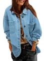 Women's oversized denim jacket featuring boyfriend fit and button-up front pockets. - S / Tops / Light Blue
