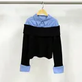 Elegant blue shirt and black knit two-piece patchwork long sleeve slim top for women - One Size / Tops / Black Blue