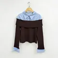 Elegant fake two-piece top with blue shirt collar and brown off-the-shoulder knit sweater. - One Size / Tops / Brown