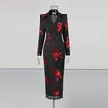 Elegant black two-piece set featuring red floral sequins with blazer and lace-trim skirt. - M / Top And Bottom / Red