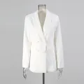 Elegant white blazer featuring dense pearl embellishments and classic lapel design. - M / Tops / White