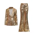 Golden sequin two-piece suit set including a blazer and flared pants for women. - S / Top And Bottom / Gold