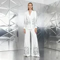 High-end white suit set featuring silver sequin patterns and high-waist wide-leg pants - White