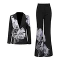 Black two-piece suit set featuring asymmetric floral print blazer and flared pants - S / Top And Bottom / Black