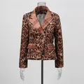 Detailed front view of a vintage leopard print sequined slim-fit blazer for women - M / Tops / Leopard Print