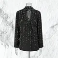Elegant black loose-fit blazer with sophisticated white pearl dot embellishments - M / Tops / Black