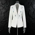 Elegant white V-neck blazer for women featuring blue teardrop crystal embellishments - S / Tops / White