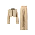 Elegante set due pezzi beige con ricamo strass top corto e pantaloni a gamba larga - Taglia S / Sopra e Sotto / Khaki chiaro