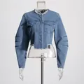 Women's vintage washed blue cropped denim jacket with frayed edges and pleated sleeves - S / Tops / Blue