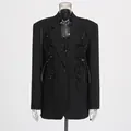 Black women's blazer featuring sequined butterfly appliqués and a single button. - S / Tops / Black