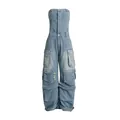 Detailed close-up view of the multi-pocket strapless denim jumpsuit in cargo style - S / Set / Light Blue