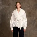 Elegant white organza blouse with floral embroidery, lantern sleeves and tie-waist detail - S / Tops / Apricot