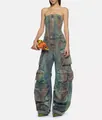 Vintage-washed tube top denim jumpsuit featuring multiple cargo pockets for a streetwear look - XL / Set / Colorful