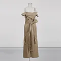 Elegant khaki French style strapless jumpsuit featuring a bow belt and wide leg design - S / Dresses / Khaki