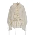 Elegante camicetta in chiffon crema stile francese con volant a strati e lacci dettagli - Taglia S / Vestiti / Albicocca