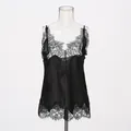 Elegant black silk camisole featuring delicate French lace trim and V-neckline detail. - S / Tops / Solid Black