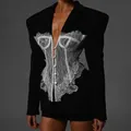 Elegant black blazer with white lace corset patchwork and V-neck long sleeve design - S / Tops / Black