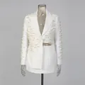 Close-up of white blazer set featuring luxury pearl embellishments and a deep V-neck design - S / Top And Bottom / White