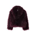 High-quality detail view of luxurious wine red shaggy faux fur coat with a large collar - S / Tops / Burgundy