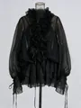 Abito in chiffon nero stile francese con intricati fiori a balze e polsini stringati - Taglia S / Vestiti / Nero