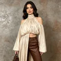 Elegante champagnerfarbene bauchfreie Bluse mit Cut-Outs und langen Ärmeln - S / Top (KBL555766C) / Aprikose