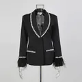Elegant French style black blazer with rhinestone lapels and feather cuffs for women - M / Tops / Black