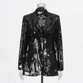 Elegant long-sleeved black sequin blazer with V-neck and square buttons for women's party wear - M / Tops / Black
