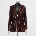 Elegant burgundy sequined blazer for women with a sleek V-neck and square snap buttons - M / Tops / Burgundy