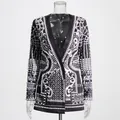 Detailed macro view of the palace-style printed blazer with intricate pearl bead embellishments - S / Tops / White