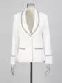 Elegant white blazer with rhinestone trim and feather cuffs displayed on a mannequin - M / Tops / White