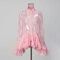 Abito camicia in pizzo rosa trasparente in stile francese con orlo a balze irregolare - Taglia S / Vestiti / Rosa