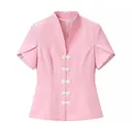 Pink New Chinese style short sleeve top with Mandarin collar and elegant frog buttons. - S / Tops / Pink