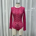 Elegant fuchsia long sleeve floral lace bodysuit on a dress form mannequin - S / Butterfly Print Style (Top) / Rose Red