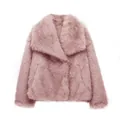 Elegant dusty rose faux fur coat with lapel collar and thick plush texture for women - Pink