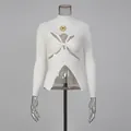 Sexy white ribbed knit top with unique twist knot and metal eye detail for women - S / Tops / White