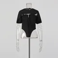 Black puff sleeve cropped shrug and lace-up camisole bodysuit two-piece set detail - S / Top And Bottom / Black