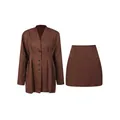 Detail view of elegant brown two-piece set featuring a waisted blazer and mini skirt - S / Top And Bottom / Brown