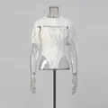 Detail view of white puff sleeve bolero and drawstring camisole bodysuit set - S / Top And Bottom / White