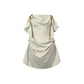 Detail view of cream satin dress featuring cowl neck and gold shoulder buckles - S / Dresses / Beige Apricot