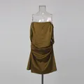 Detailed front view of a luxury olive green satin strapless dress with cowled neck - S / Dresses / Army Green