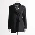 Elegant black long-sleeved belted blazer dress displayed on a transparent mannequin - S / Dresses / Black