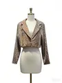 Detail view of retro leopard print sequin cropped blazer featuring a single button lapel - M / Tops / Leopard Print
