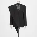 Detail view of women's black loose blazer featuring a unique oversized scarf collar - XL / Tops / Black