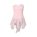 Detailed view of pink strapless top with smocked bodice and ruffled irregular hem - S / Tops / Pink