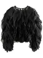 Detaillierte Makroansicht der strukturierten Lagen dieser eleganten schwarzen Mesh-Bluse - S / Oberteile / Schwarz