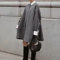 Retro grijze oversized lange overhemdjurk met witte contrastkraag en manchetten detail - Eén maat / Tops / Grijs